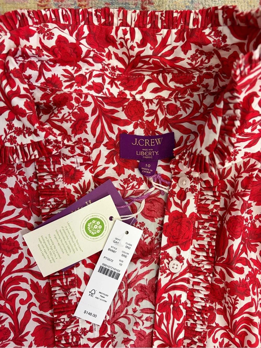 J. Crew Red and White Floral Ruffled Blouse - Picture 3 of 6